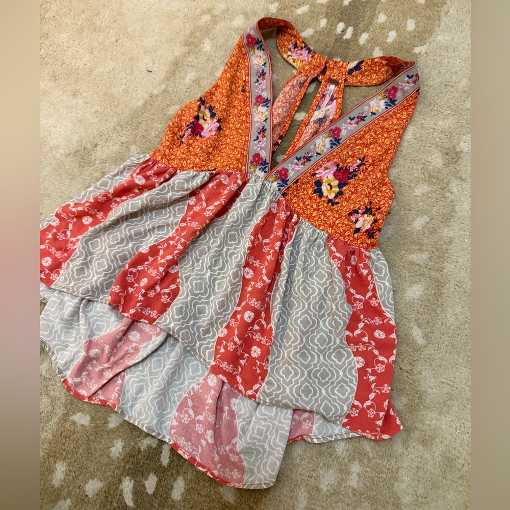 Free People Dream Darlin orange floral print v-neck halter tank top women’s L - Picture 2 of 9